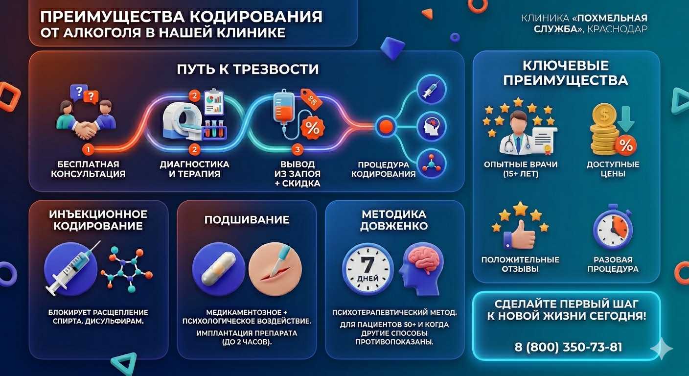 Инфографика о методах кодирования от алкоголя в Глазове: инъекции, подшивание, метод Довженко. Преимущества клиники и этапы лечения.