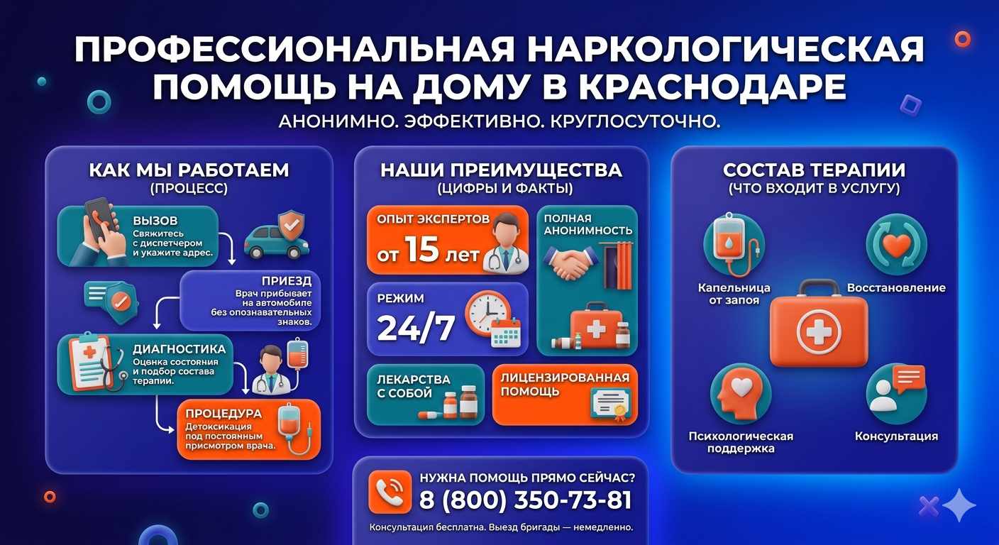 Инфографика о принципах лечения алкоголизма на дому в Глазове: этапы вызова нарколога, преимущества анонимной детоксикации и состав медицинской помощи.